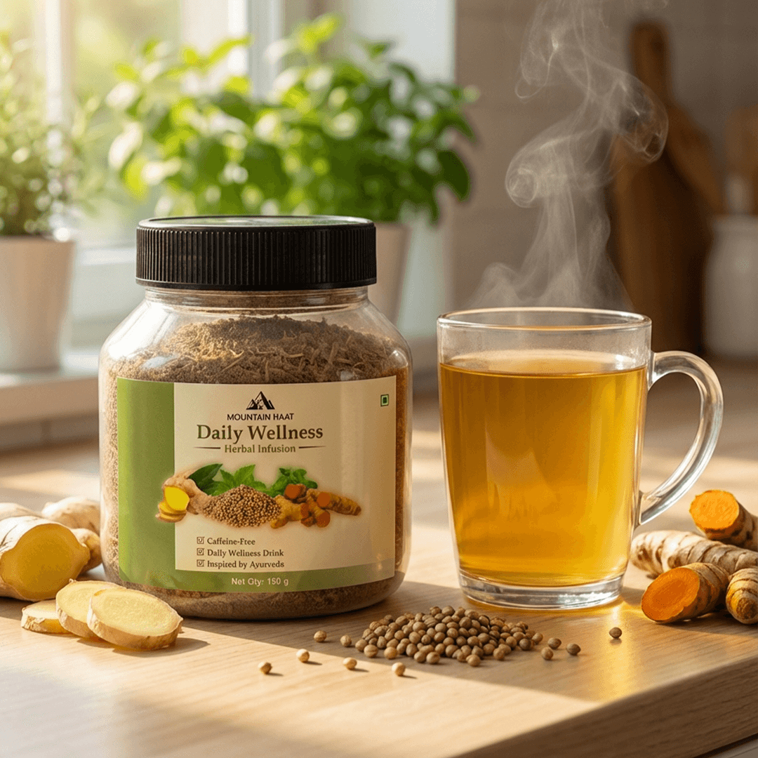 Mountain Haat Daily Wellness Herbal Infusion | Caffeine-Free Ayurvedic Herbal Tea Blend | Himalayan Wellness Drink | 150g