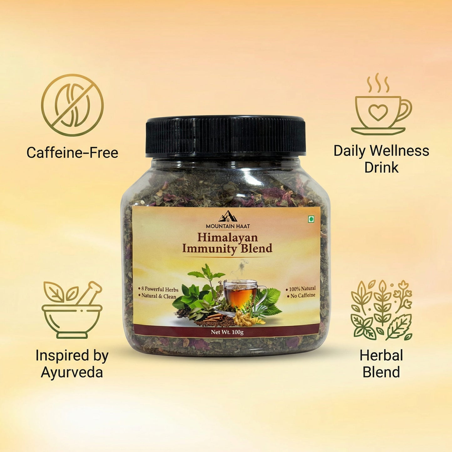 Mountain Haat Himalayan Immunity Blend | Caffeine-Free Herbal Tea | Ayurvedic Wellness Infusion | 100g