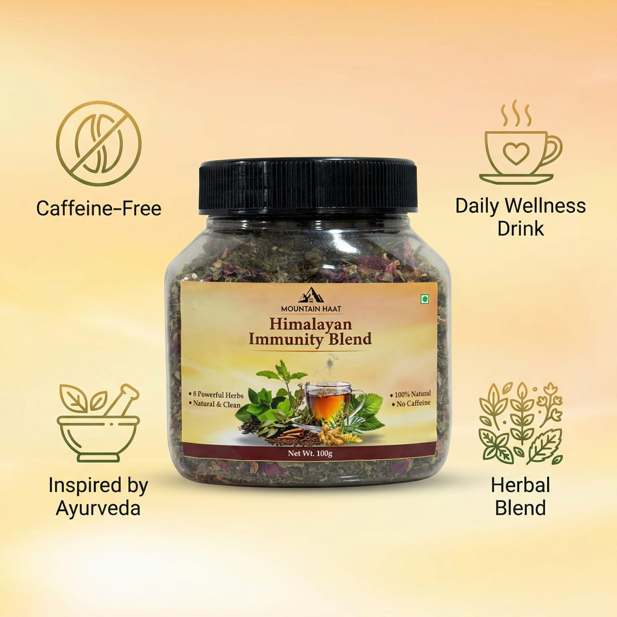 Mountain Haat Himalayan Immunity Blend | Caffeine-Free Herbal Tea | Ayurvedic Wellness Infusion | 100g