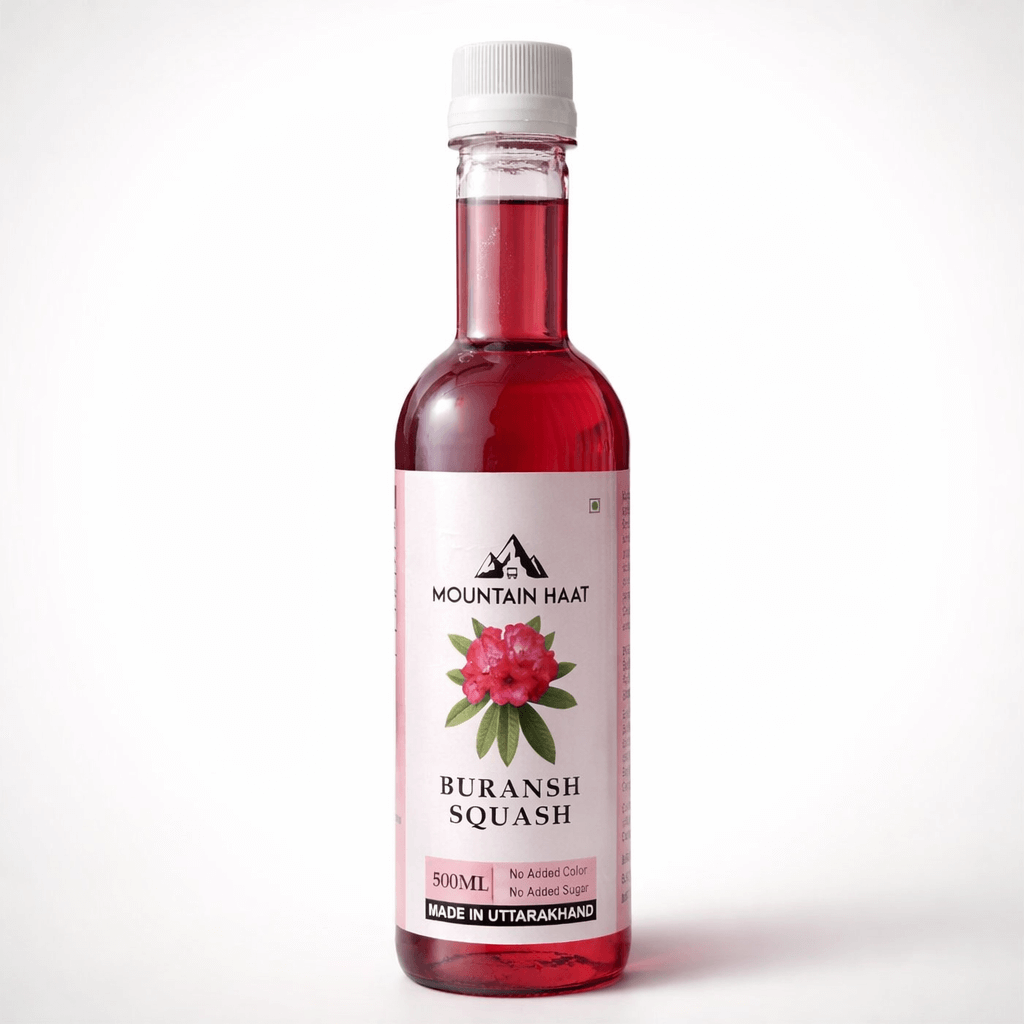 Mountain Haat Buransh Squash 500ml bottle made from Himalayan rhododendron flowers