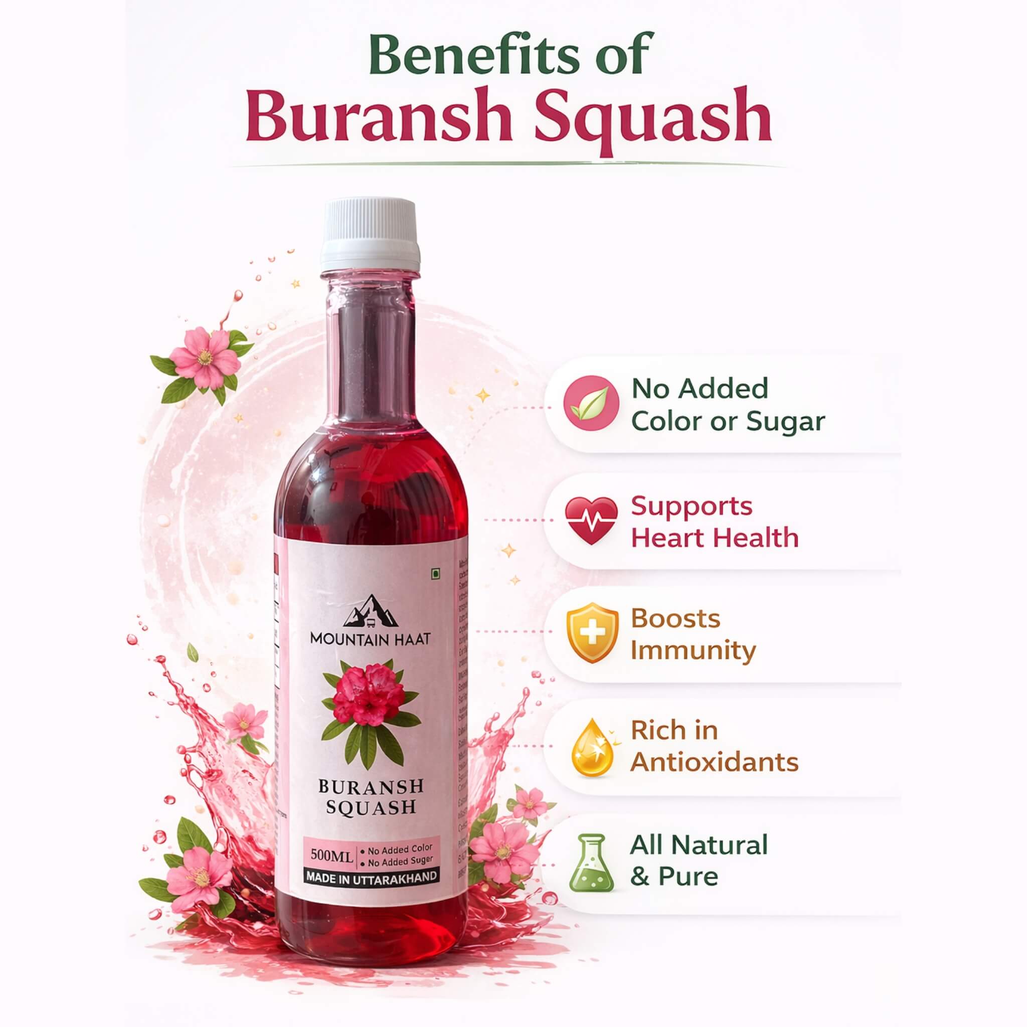 Benefits of Buransh Squash showing no added sugar, heart health support, immunity boost and antioxidants