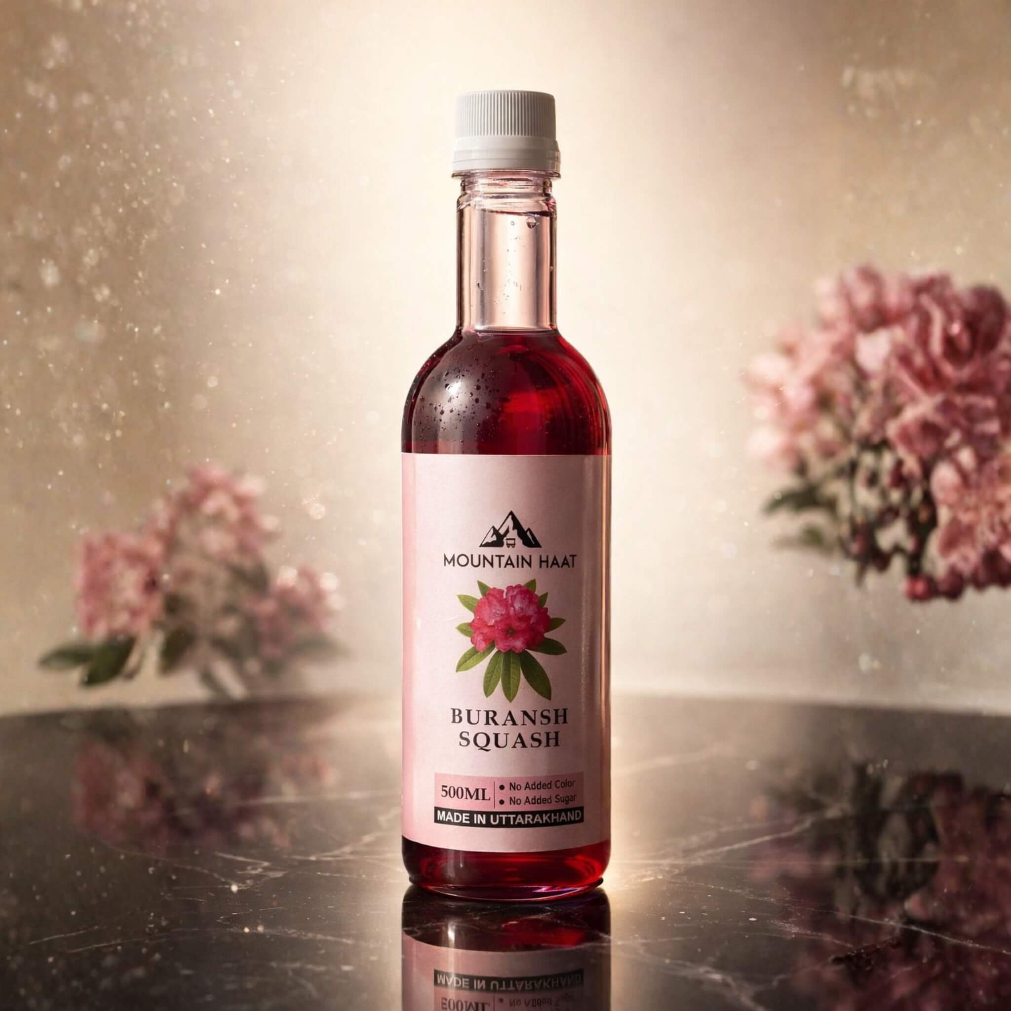 Premium product shot of Mountain Haat Buransh Squash 500ml bottle