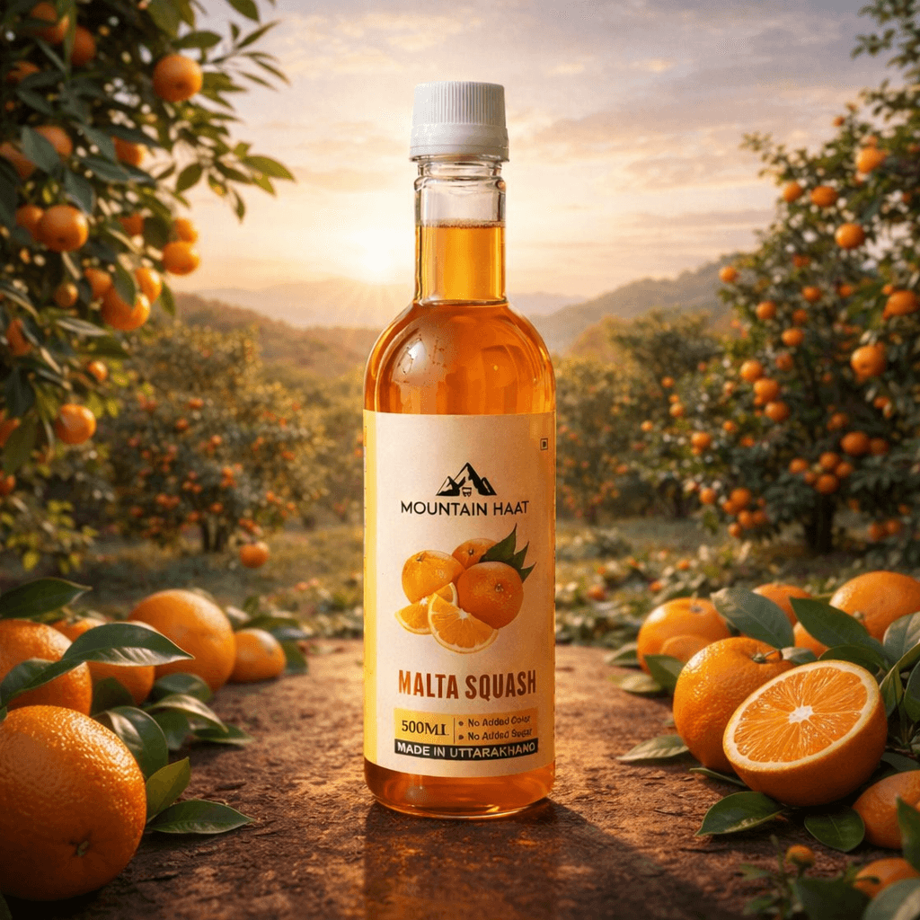 Mountain Haat Malta Squash bottle placed in a Himalayan malta orchard