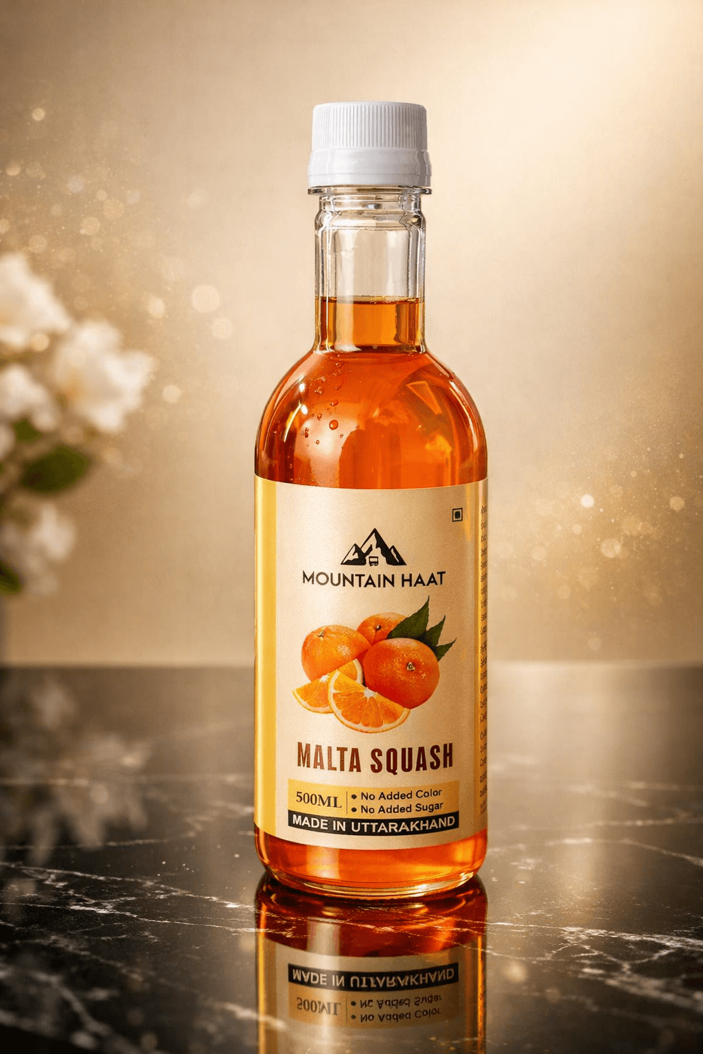 Premium studio product shot of Mountain Haat Malta Squash 500ml bottle