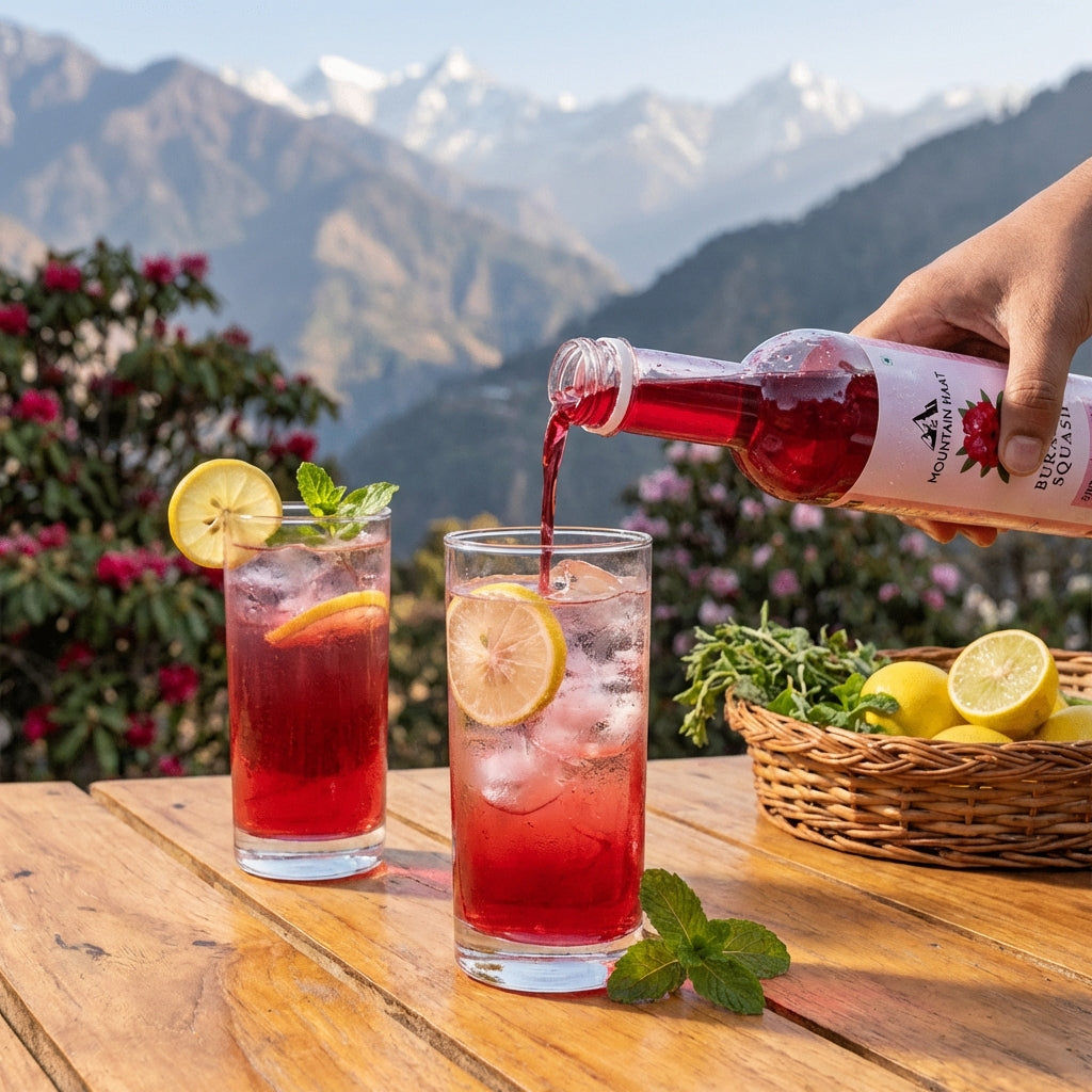 Mountain Haat Buransh Squash (Rhododendron Flower Drink) – 500ml | Sweetened with Honey, No Added Sugar, No Added Color Mountain Haat