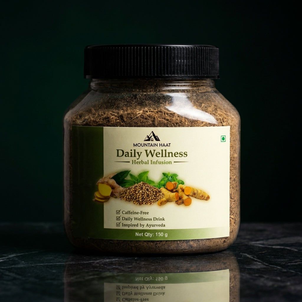Mountain Haat Daily Wellness Herbal Infusion | Caffeine-Free Ayurvedic Herbal Tea Blend | Himalayan Wellness Drink | 150g Mountain Haat