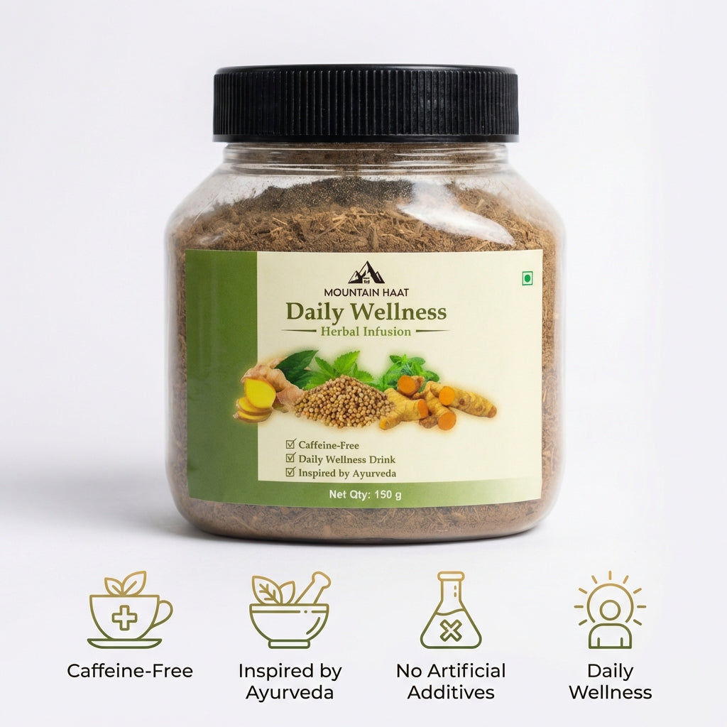 Mountain Haat Daily Wellness Herbal Infusion | Caffeine-Free Ayurvedic Herbal Tea Blend | Himalayan Wellness Drink | 150g Mountain Haat
