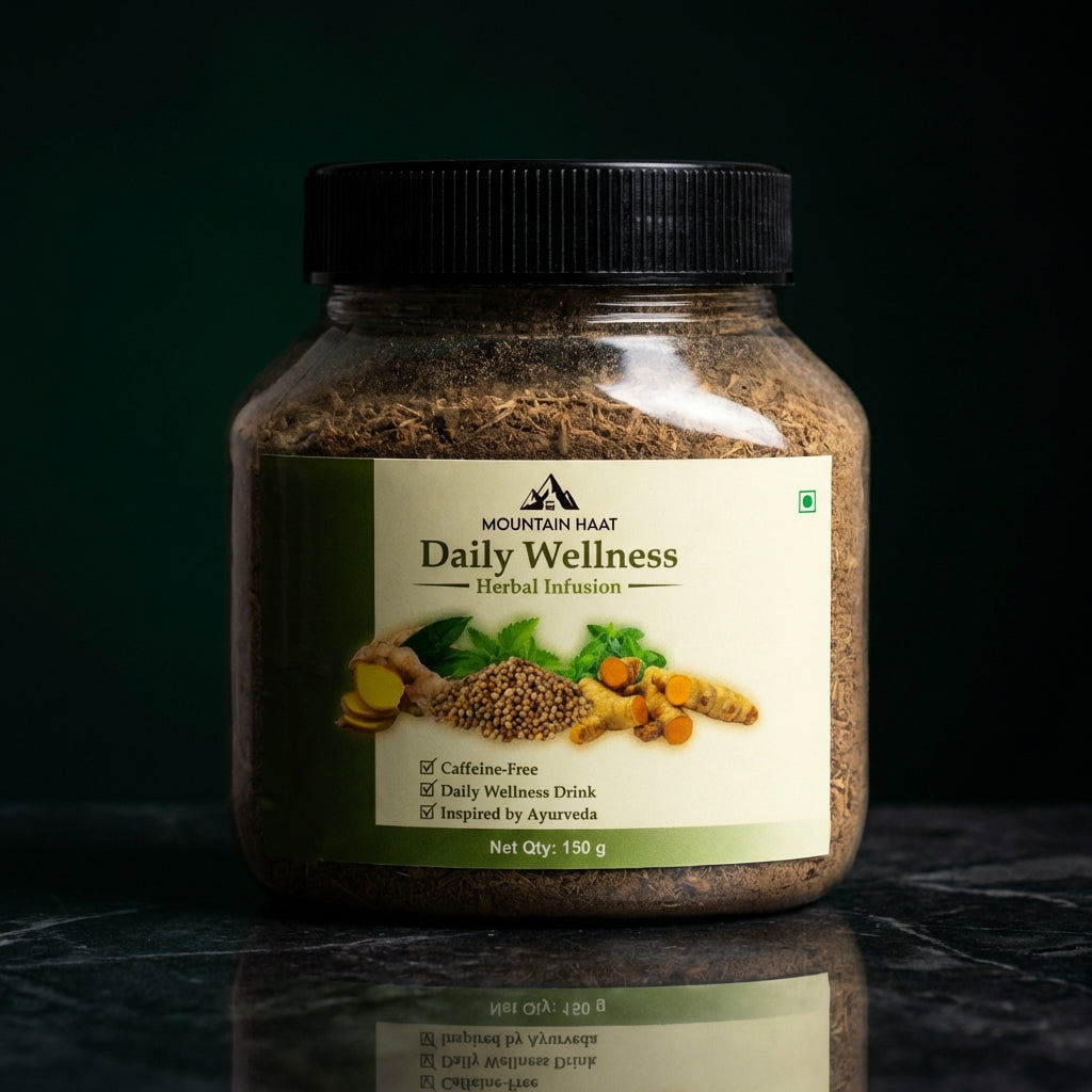 Mountain Haat Daily Wellness Herbal Infusion | Caffeine-Free Ayurvedic Herbal Tea Blend | Himalayan Wellness Drink | 150g Mountain Haat