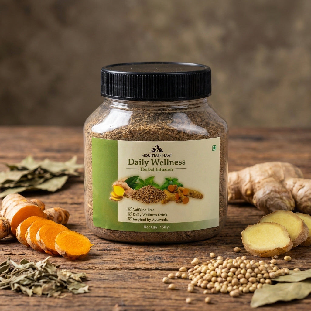 Mountain Haat Daily Wellness Herbal Infusion | Caffeine-Free Ayurvedic Herbal Tea Blend | Himalayan Wellness Drink | 150g Mountain Haat