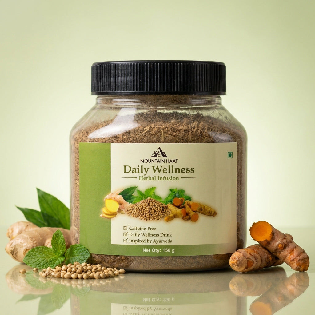 Mountain Haat Daily Wellness Herbal Infusion | Caffeine-Free Ayurvedic Herbal Tea Blend | Himalayan Wellness Drink | 150g Mountain Haat