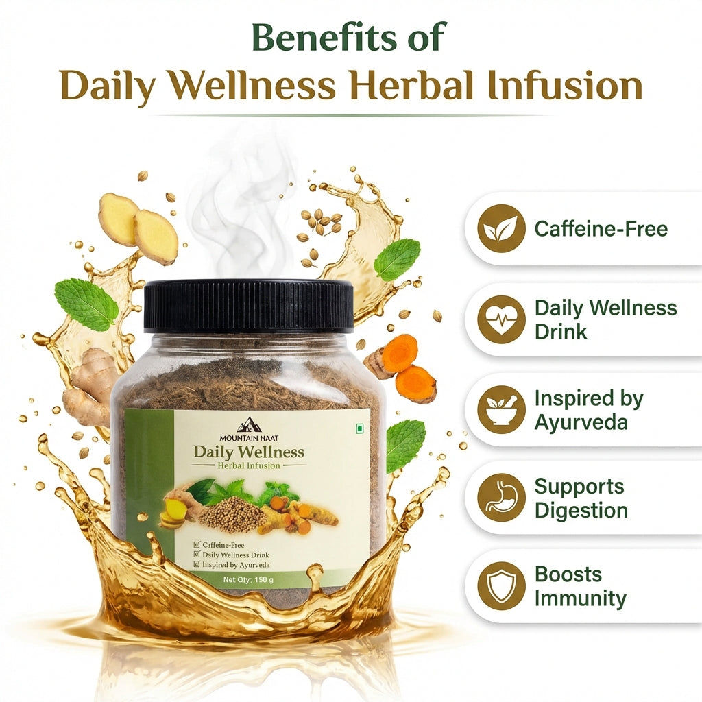 Mountain Haat Daily Wellness Herbal Infusion | Caffeine-Free Ayurvedic Herbal Tea Blend | Himalayan Wellness Drink | 150g Mountain Haat