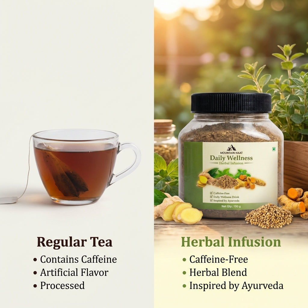 Mountain Haat Daily Wellness Herbal Infusion | Caffeine-Free Ayurvedic Herbal Tea Blend | Himalayan Wellness Drink | 150g Mountain Haat