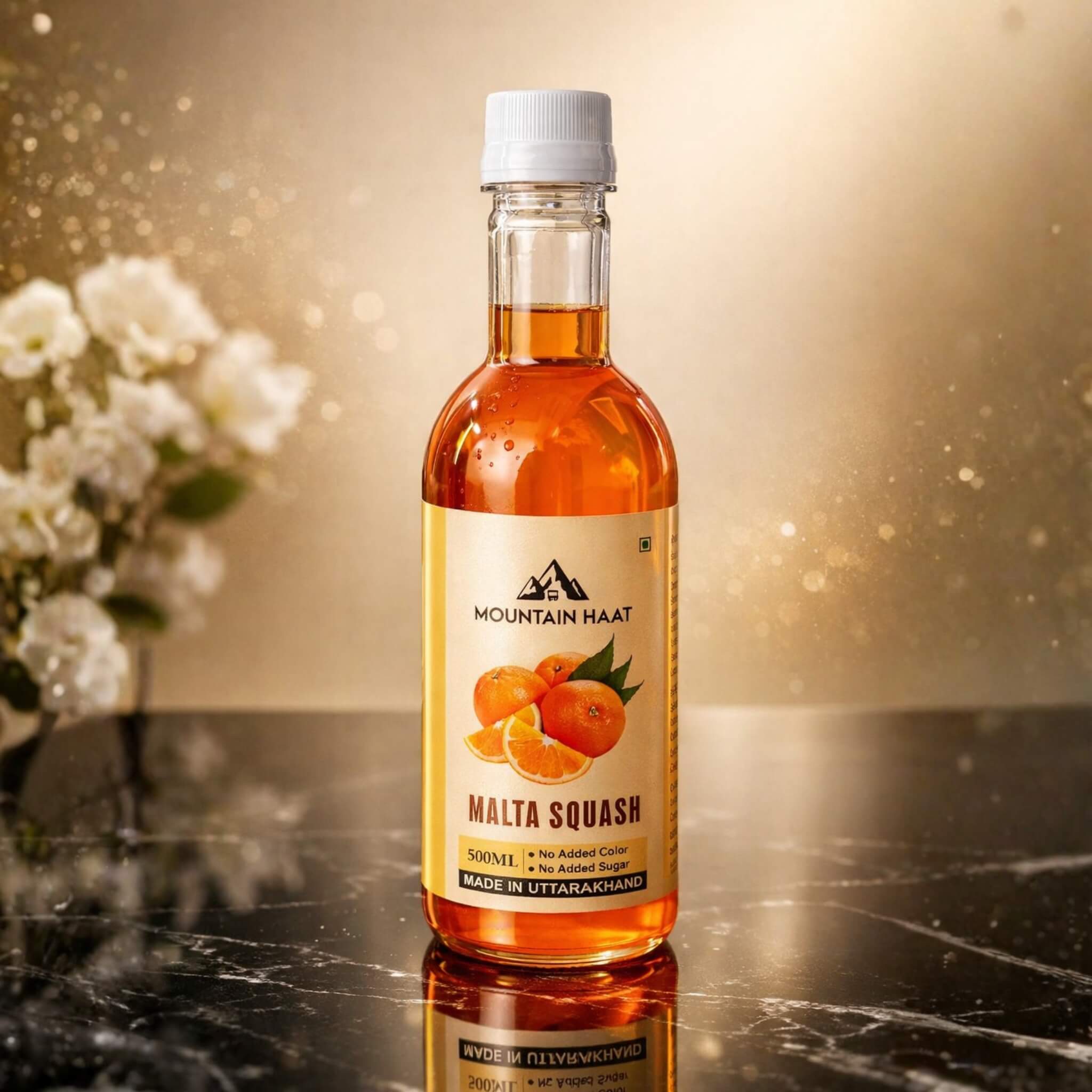 Premium studio product shot of Mountain Haat Malta Squash 500ml bottle