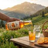 Mountain Haat Malta Squash being poured into glass outdoors with Himalayan mountain background.