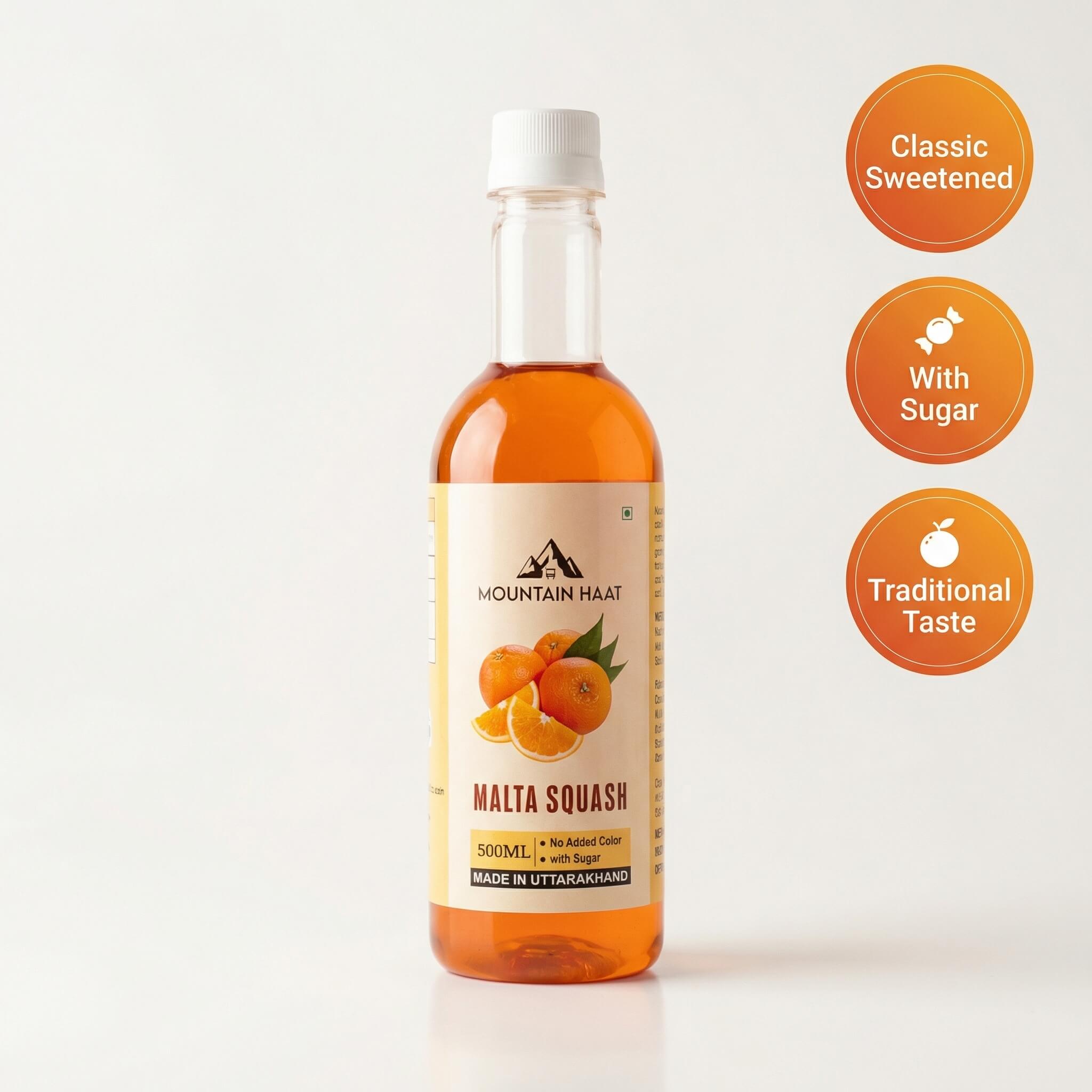 Mountain Haat Malta Squash classic sweetened version highlighting with sugar and traditional taste.