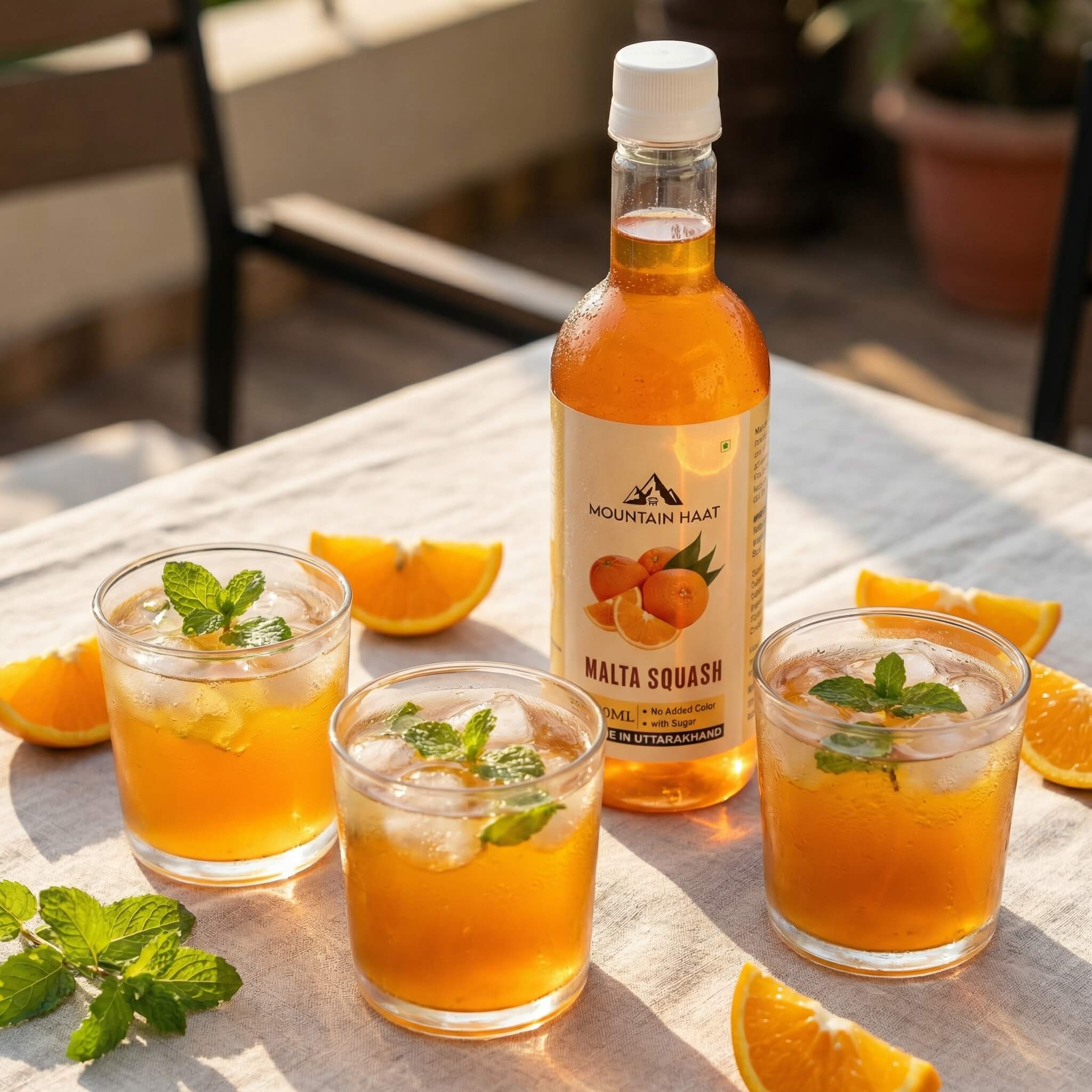 Mountain Haat Malta Squash classic sweetened version served chilled with ice and fresh mint leaves.