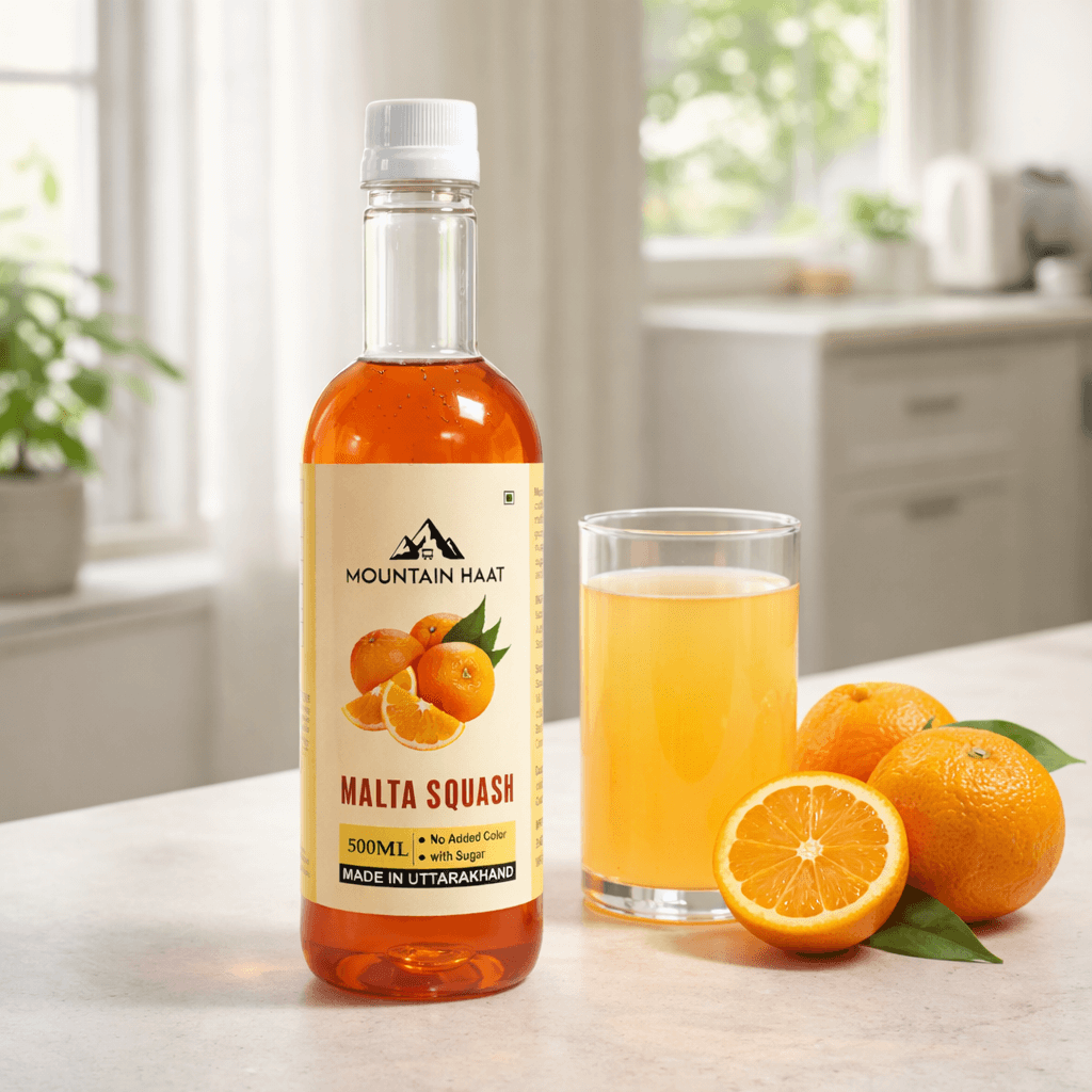 Mountain Haat Malta Squash 500ml classic citrus drink served in kitchen setting with fresh malta fruit.