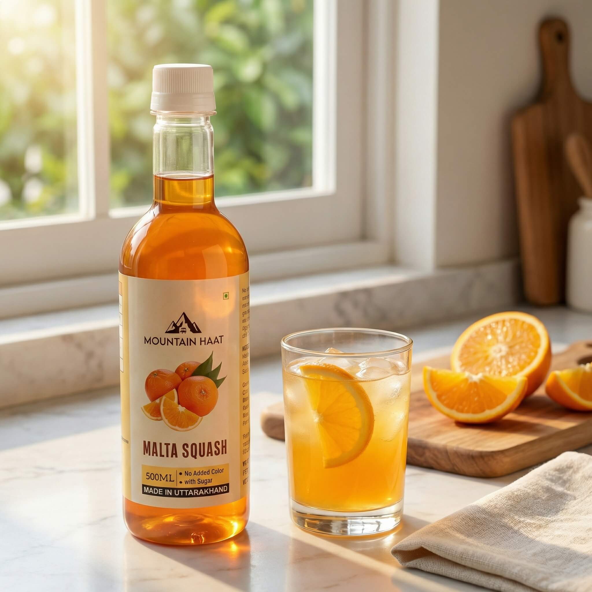 Mountain Haat Malta Squash 500ml served with chilled water and fresh malta slices in glass.