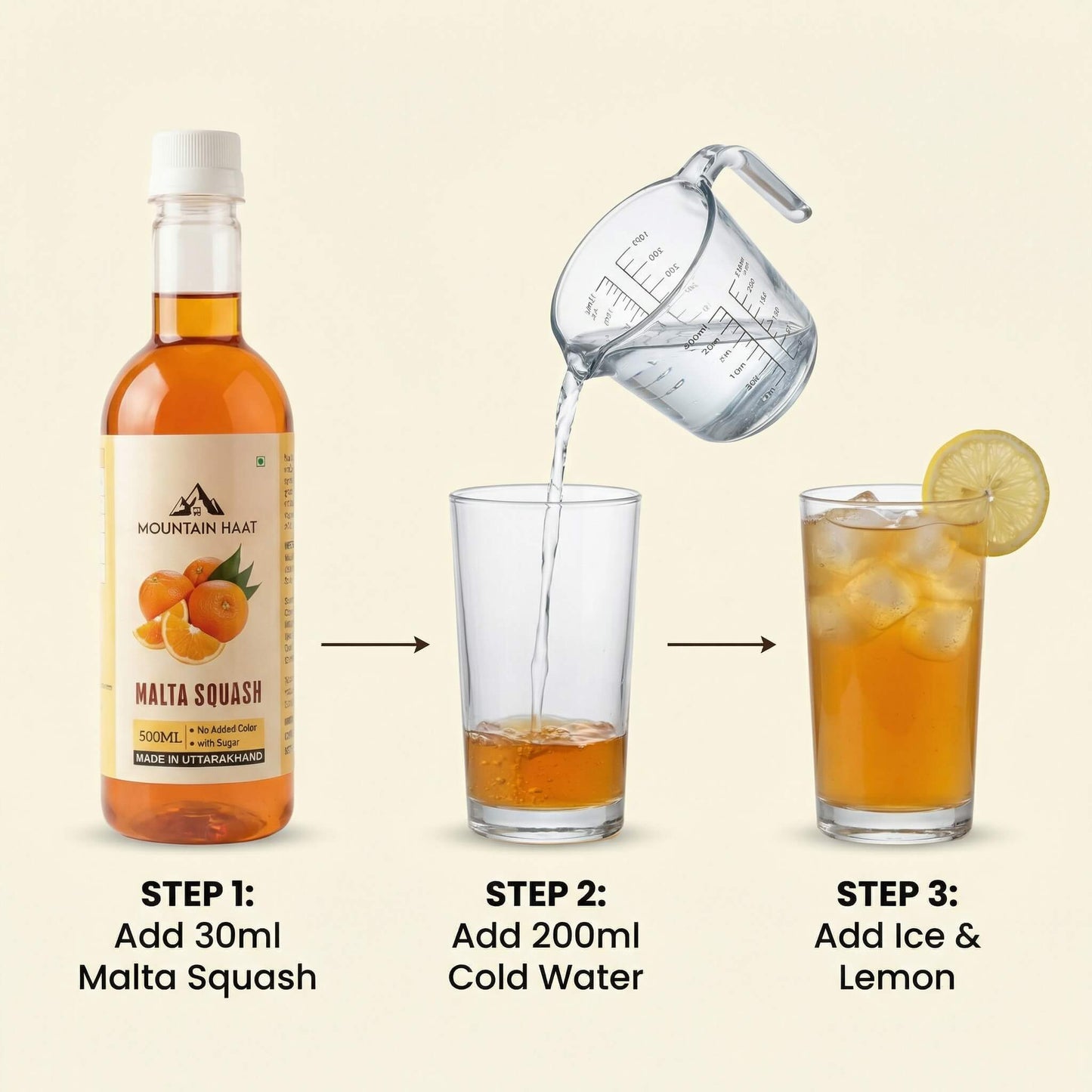 How to prepare Mountain Haat Malta Squash – add 30ml squash, 200ml cold water, ice and lemon.
