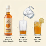 How to prepare Mountain Haat Malta Squash – add 30ml squash, 200ml cold water, ice and lemon.